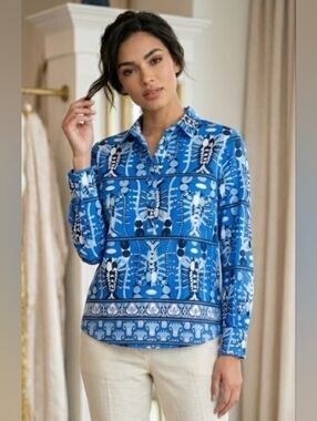 Jude Connally Seaside XXL Coastal Blue Novelty Lobster Popover Stretch Top New
